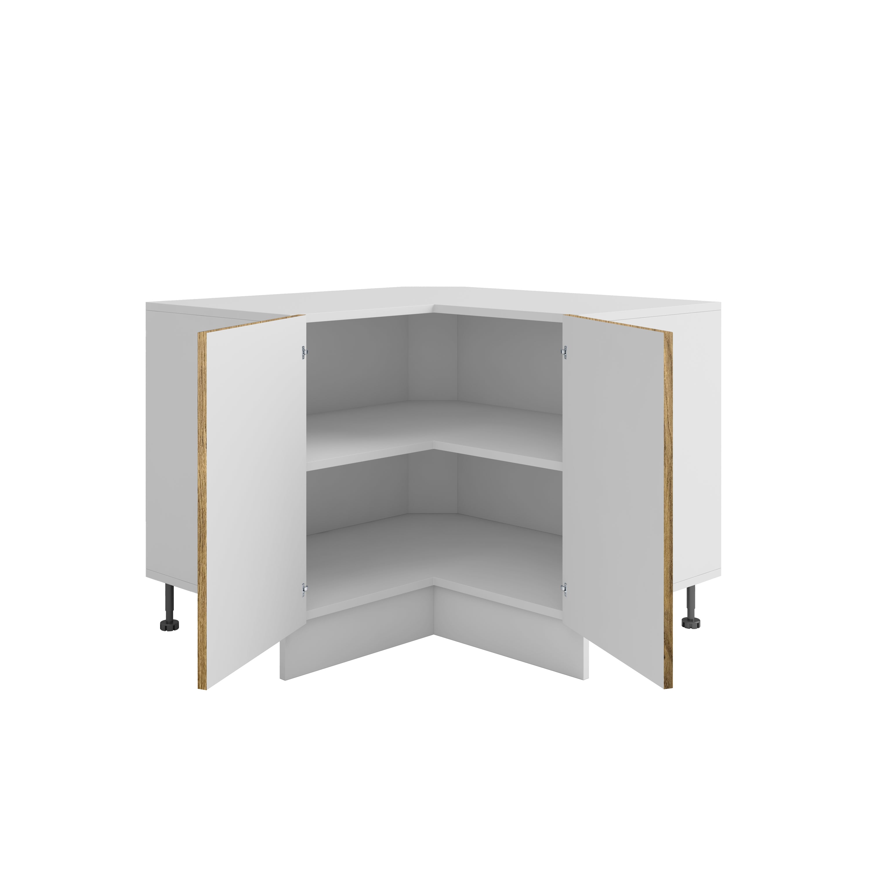 Meuble de cuisine bas d'angle bois clair 2 portes 1 étagères L 90 x 90 x H 72 cm ( Partie haut non couvert )