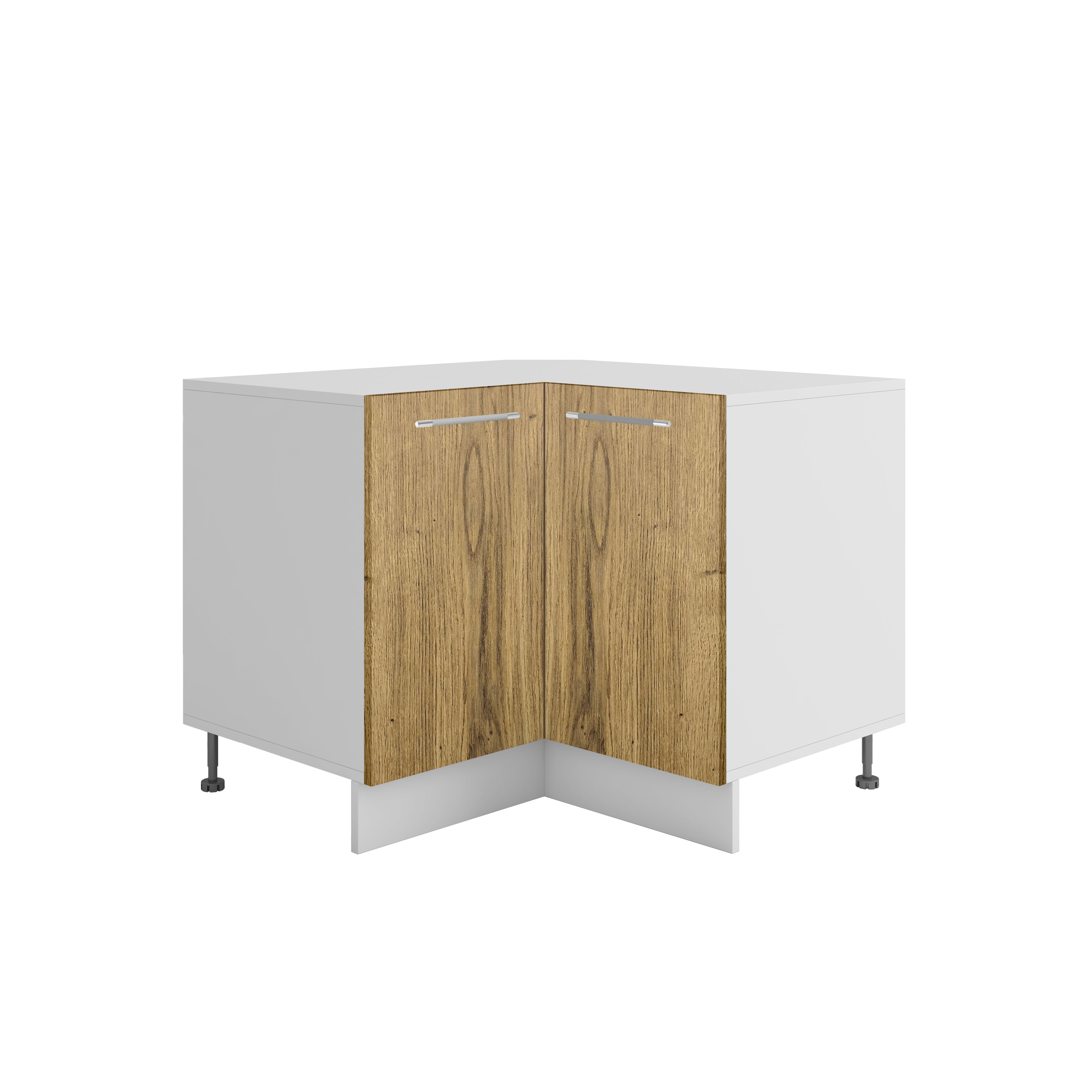 Meuble de cuisine bas d'angle bois clair 2 portes 1 étagères L 90 x 90 x H 72 cm ( Partie haut non couvert )