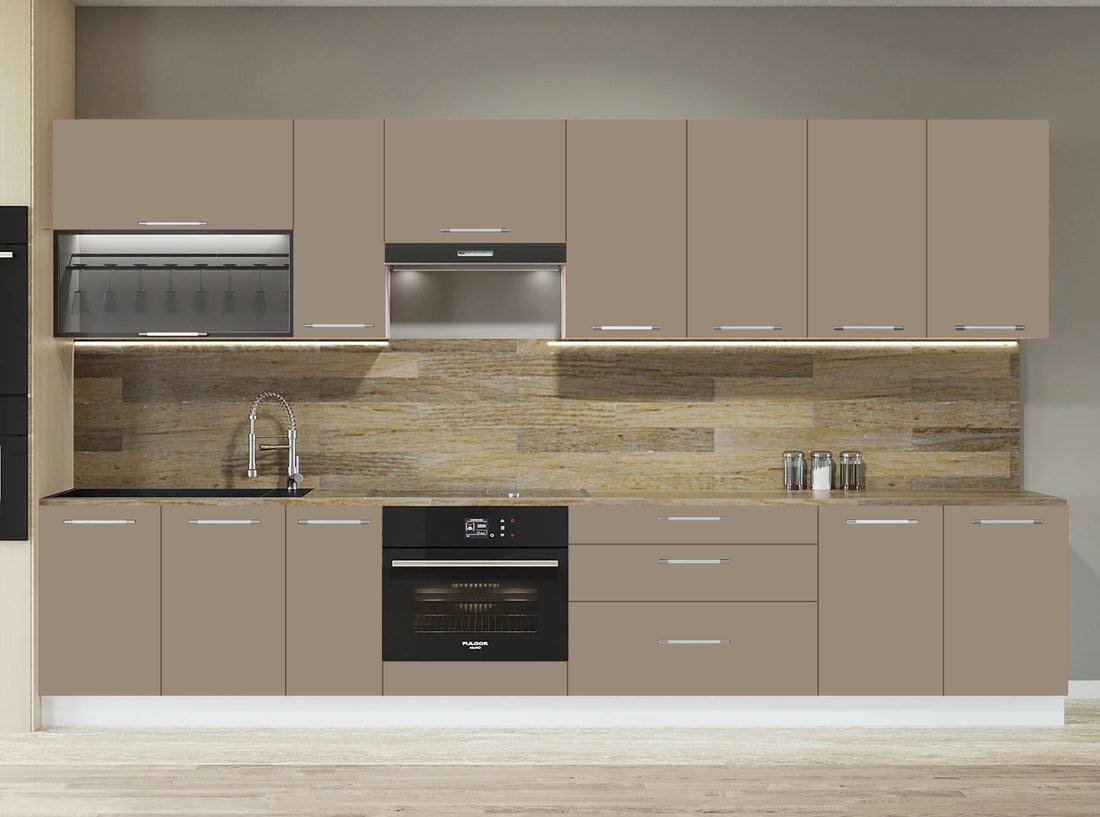 Cuisine complète haut et bas 330 cm – 10 meubles – Façade sable mat
