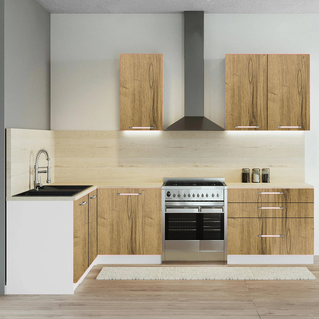 Cuisine d'angle complète 260cm bois clair - 6 meubles avec plan de travail