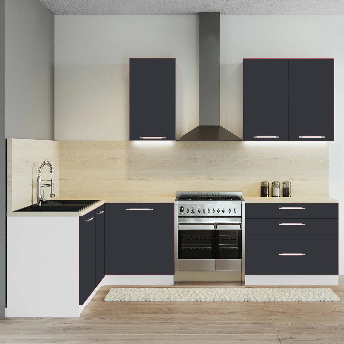 Cuisine complète d’angle 260 cm – Façade gris anthracite – Poignées inox et pieds fournis