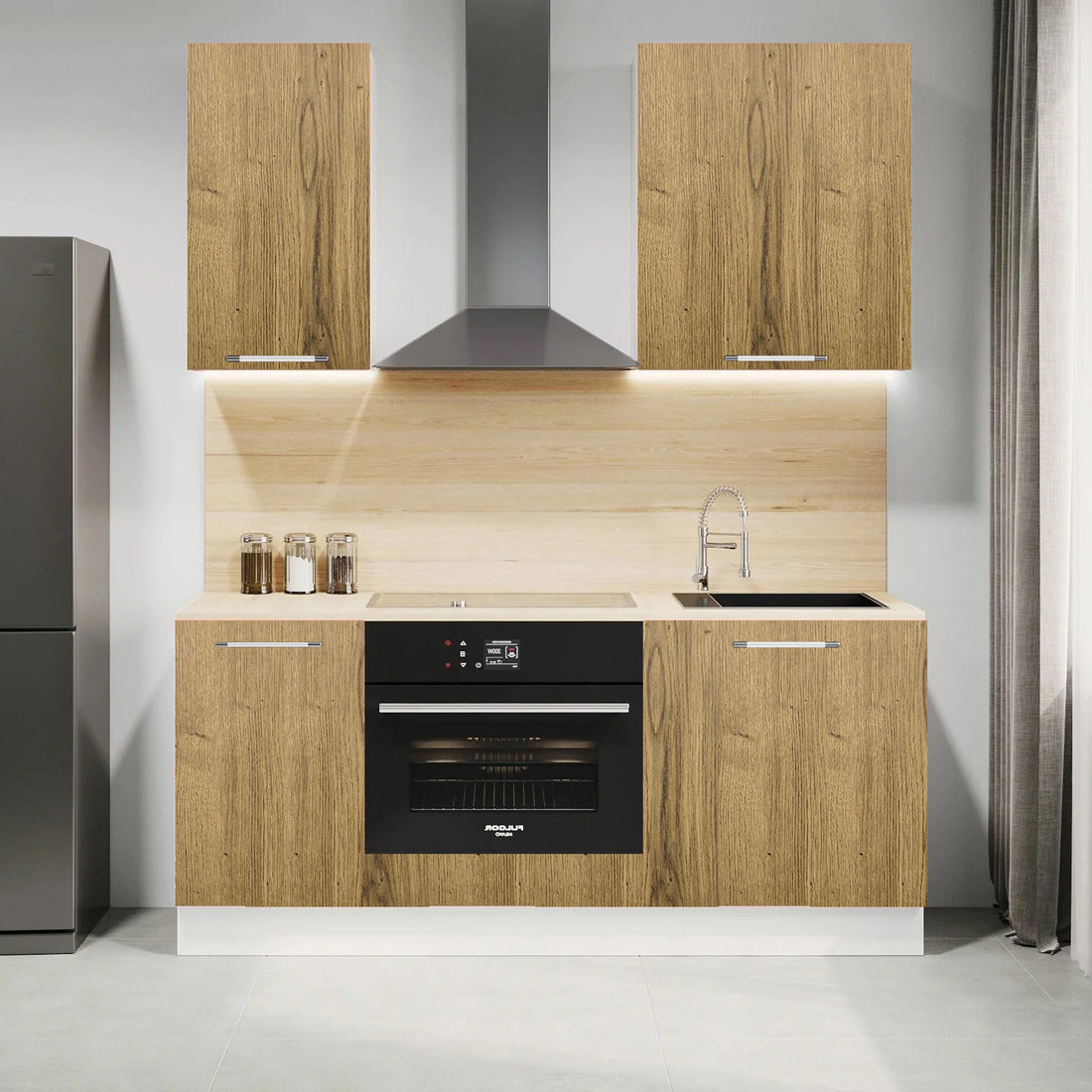 Cuisine complète 160 cm bois clair – 5 meubles – Haut & Bas