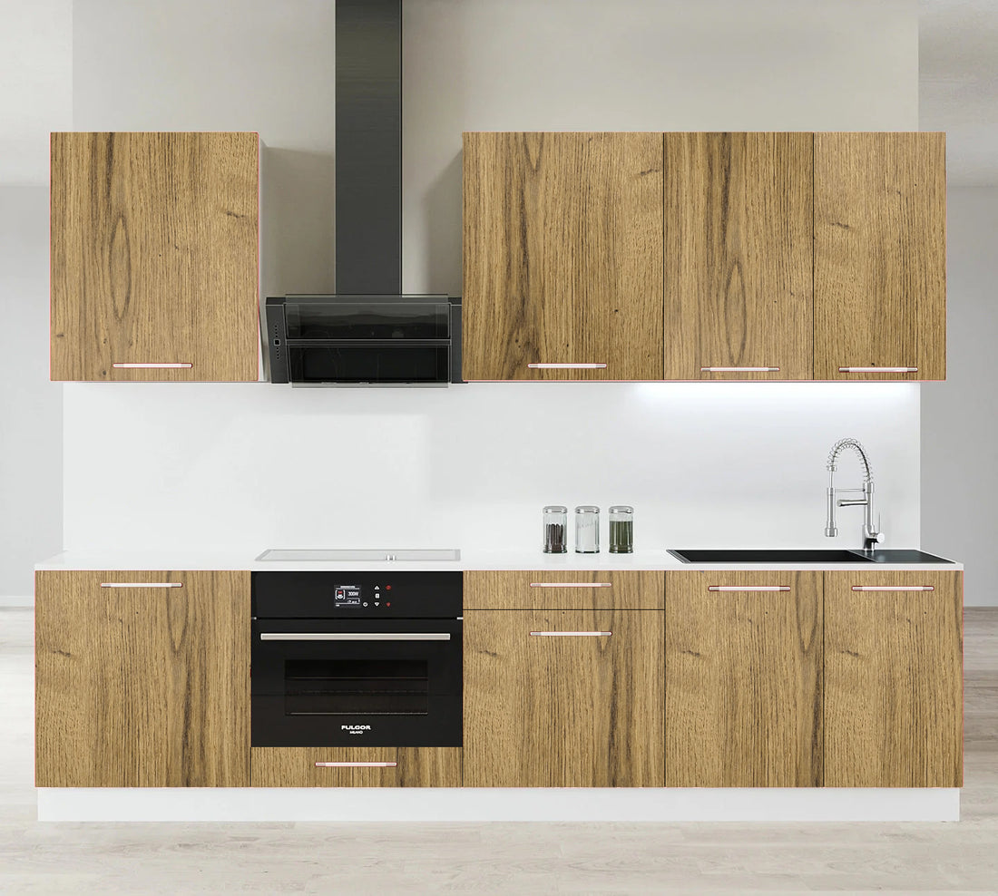 Cuisine complète 260 cm 7 meubles – façade bois clair – haut et bas