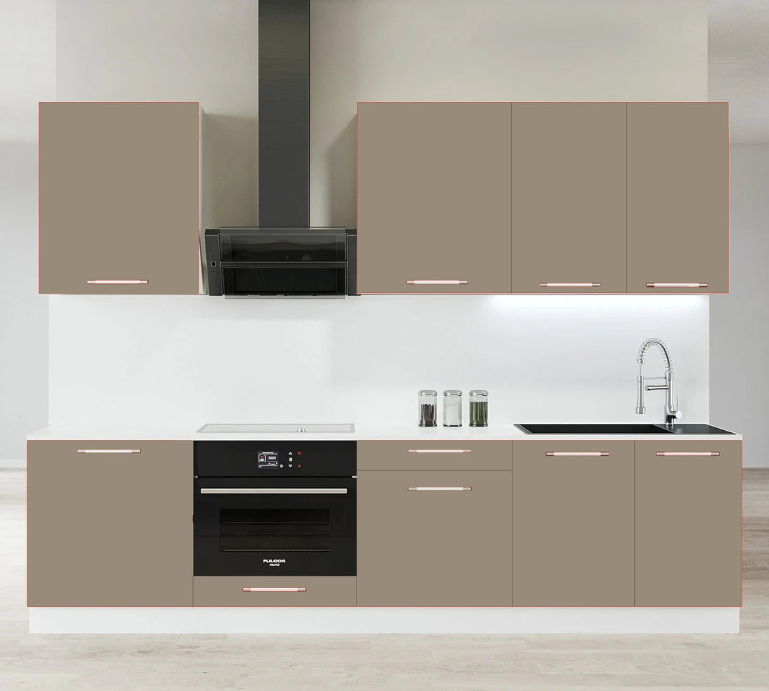 Cuisine complète 260 cm – 7 meubles façade sable mat et poignée inox