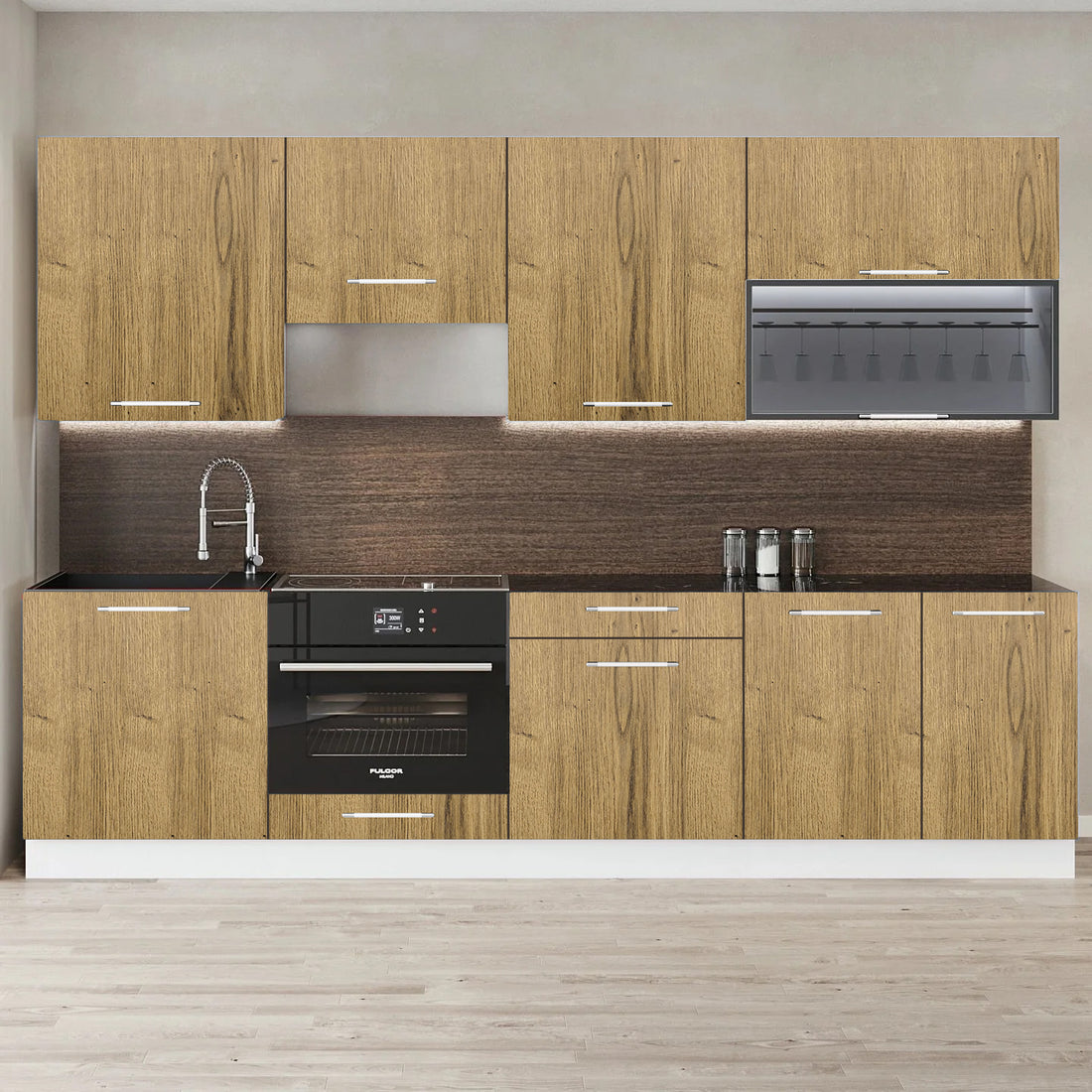 Cuisine complète haut et bas 260 cm – façade bois clair, 8 meubles, poignées inox
