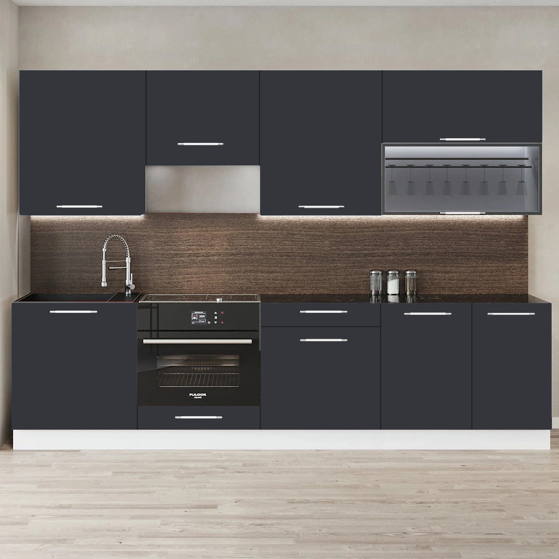 Cuisine complète 260 cm bois clair – 8 meubles haut et bas