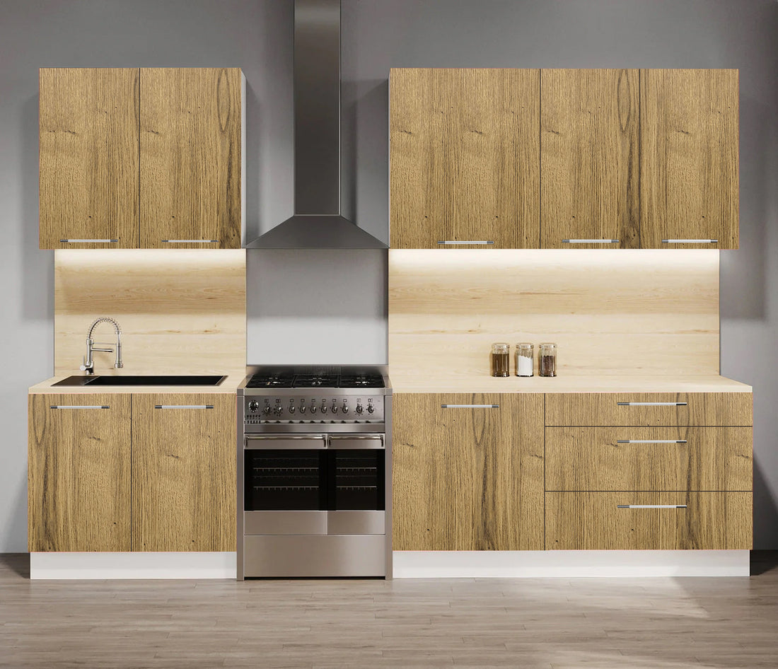 Cuisine complète bois clair – 280 cm – 6 meubles avec sous évier