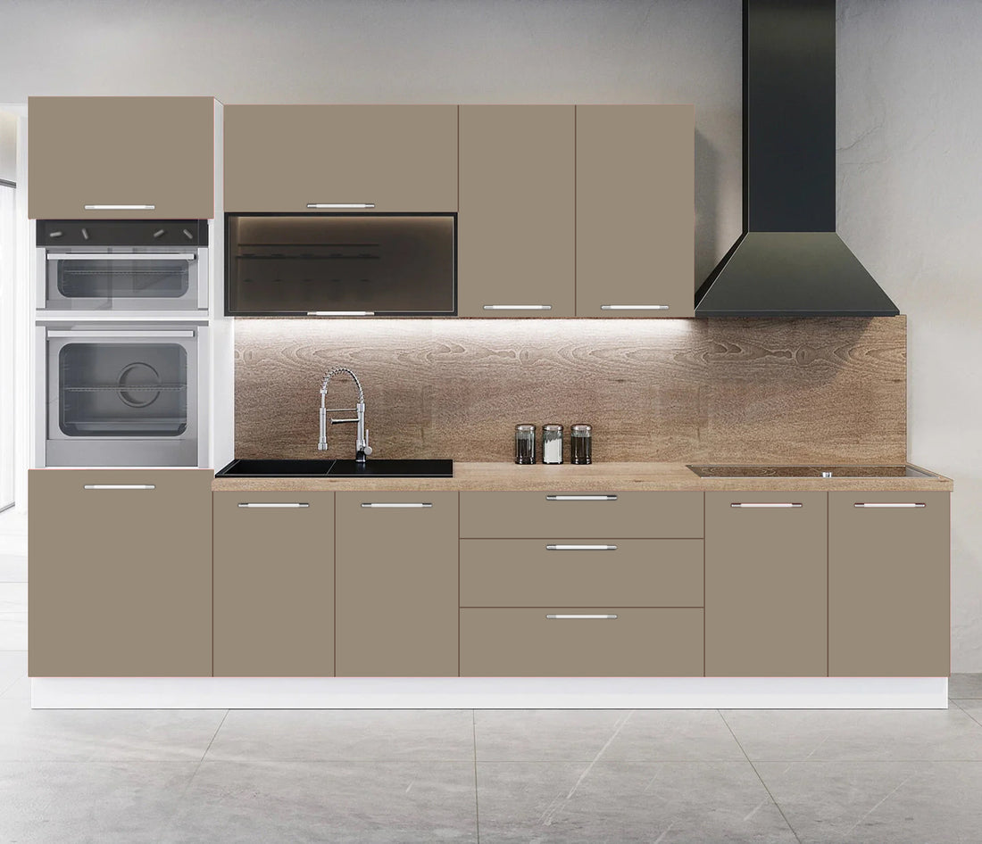 Cuisine complète 300 cm sable mat – 6 meubles haut et bas, colonne four – Poignées inox