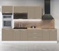 Cuisine complète 300 cm sable mat – 6 meubles haut et bas, colonne four – Poignées inox