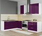 Cuisine complète d'angle 260cm 6 meubles, façade laquée Aubergine, Poignées inox et pieds fournis