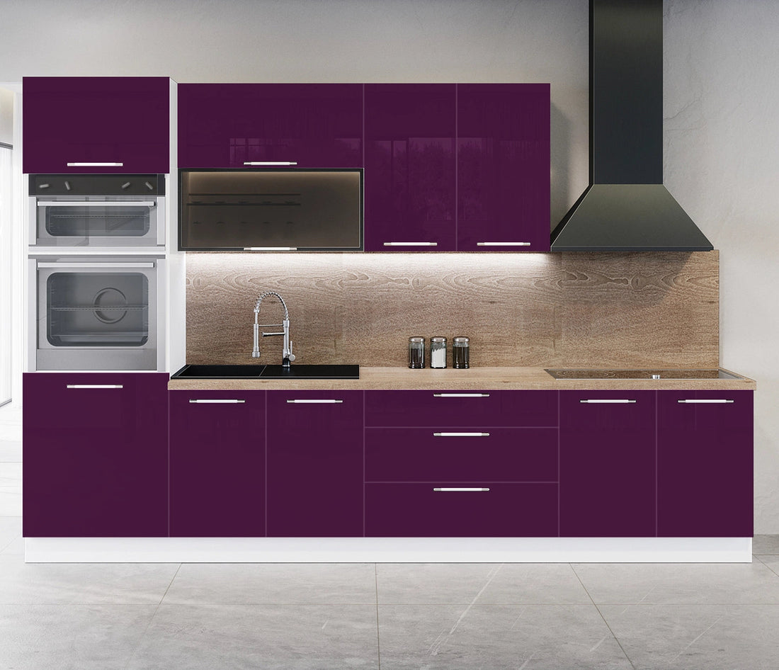 Cuisine complète haut et bas 300cm 6 meubles dont sous évier et colonne four, façade laquée aubergine, Poignées inox et pieds