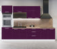Cuisine complète haut et bas 300cm 6 meubles dont sous évier et colonne four, façade laquée aubergine, Poignées inox et pieds
