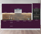 Cuisine complète haut et bas 300cm 9 meubles dont sous évier sous hotte et colonne four façade laquée aubergine Poignées inox / pied