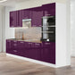 Cuisine complète haut et bas 300cm 9 meubles dont sous évier sous hotte et colonne four façade laquée aubergine Poignées inox / pied