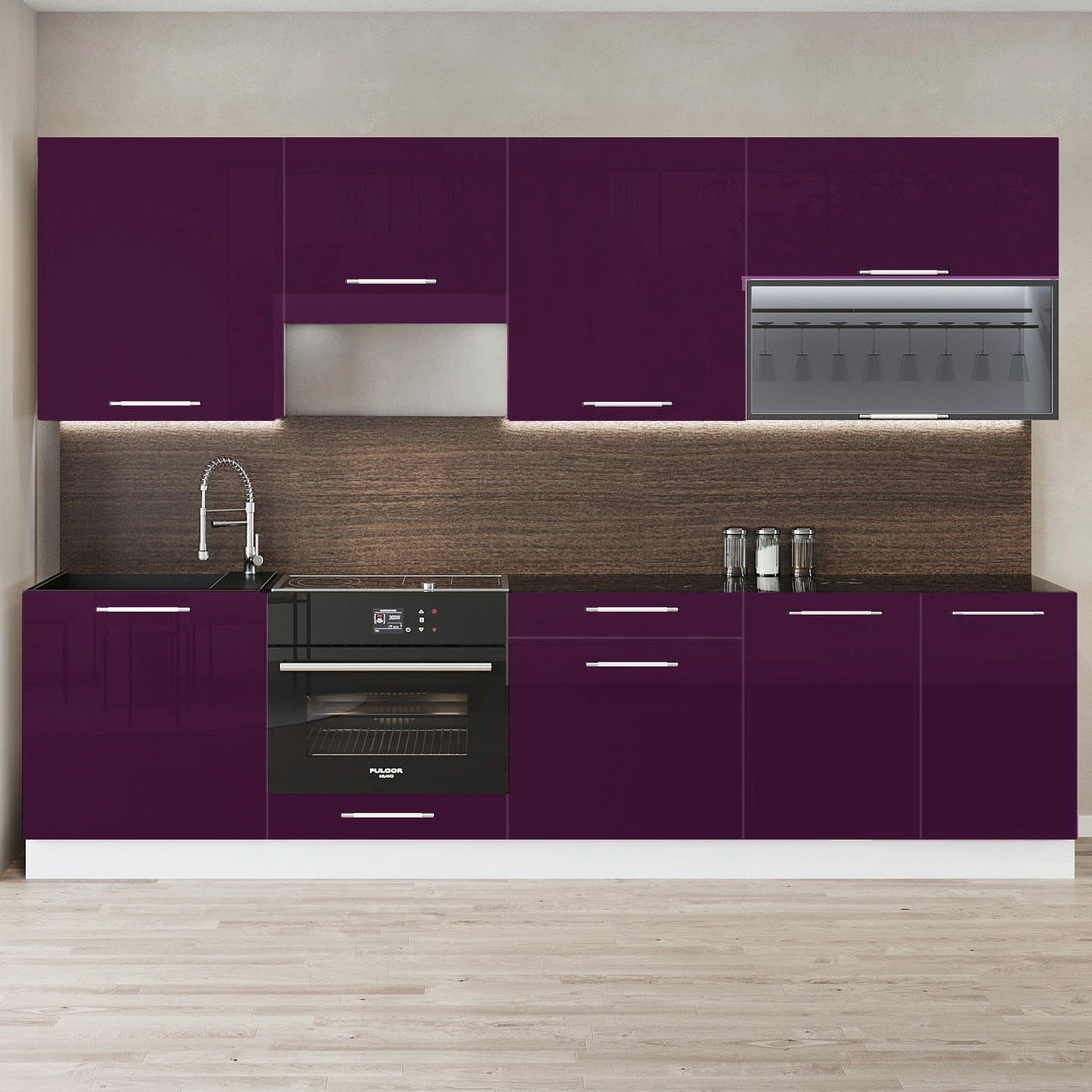 Cuisine complète haut et bas 260cm 8 meubles dont sous évier, façade laquée Aubergine, Poignées inox et pieds fournis