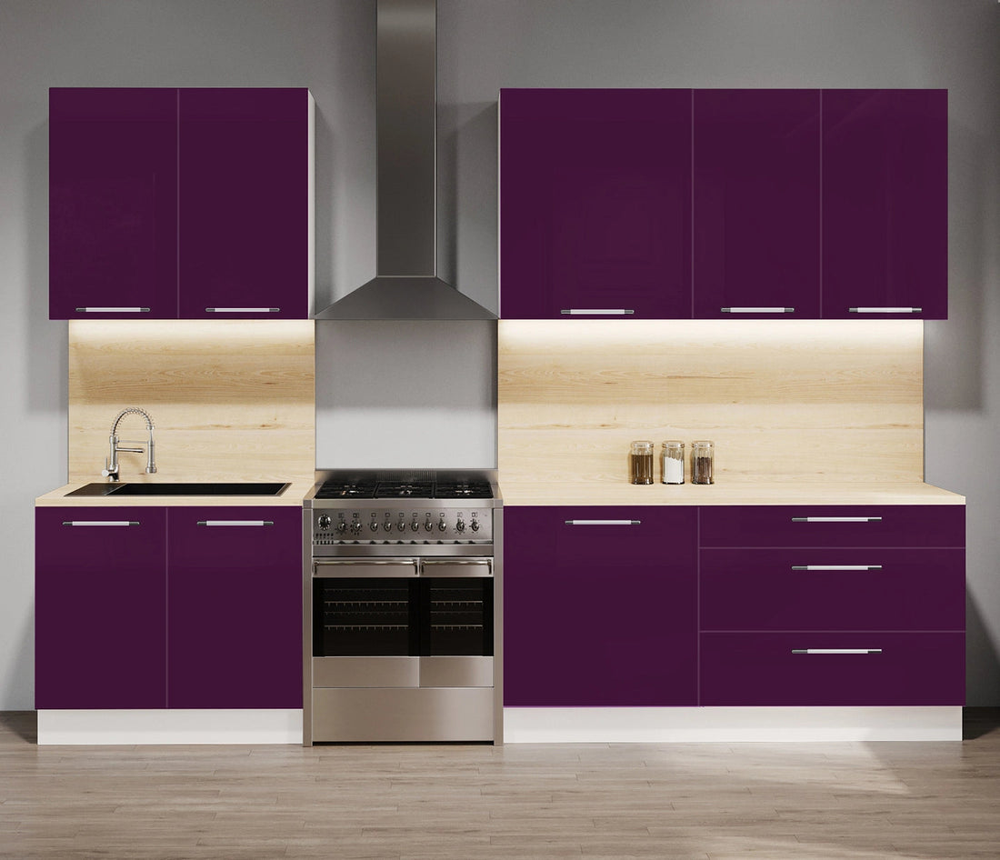 Cuisine complète haut et bas 280cm 6 meubles dont sous évier, façade laquée Aubergine, Poignées inox et pieds fournis