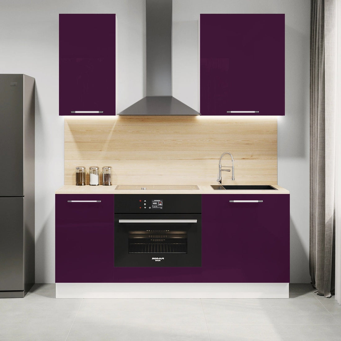 Cuisine complète haut et bas 160cm 5 meubles dont sous évier et bas four, façade laquée Aubergine, Poignées inox et pieds fournis