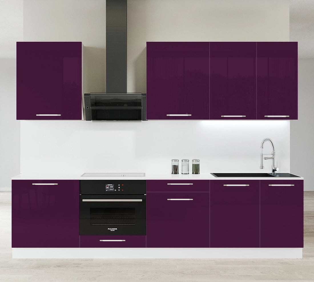 Cuisine complète haut et bas 260cm 7 meubles dont sous évier et bas four, façade laquée Aubergine, Poignées inox et pieds fournis