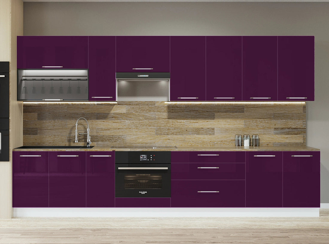 Cuisine complète haut et bas 330cm 10 meubles dont sous évier bas four et sous hotte, façade laquée Aubergine, Poignées inox / pieds