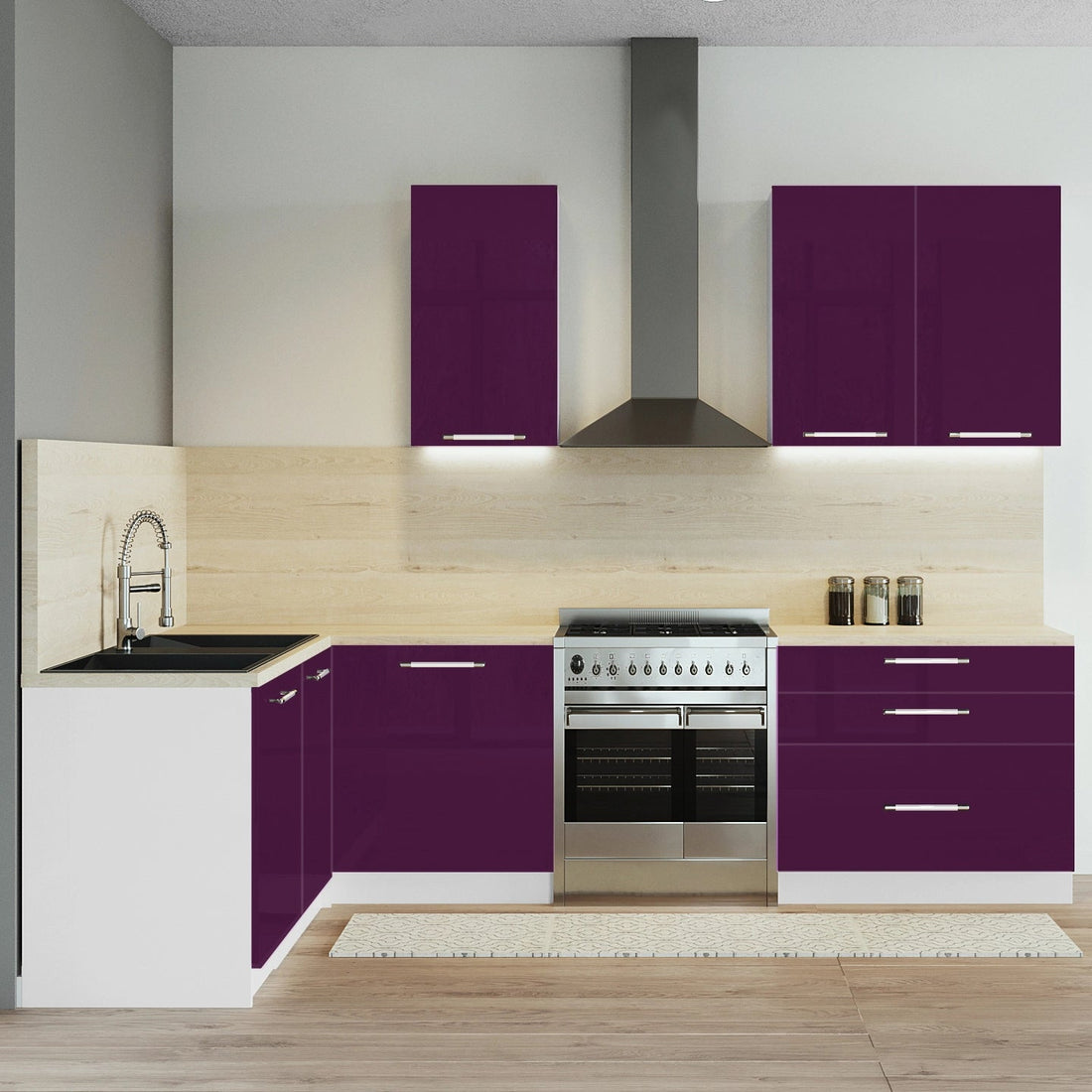 Cuisine complète d'angle 260cm 6 meubles, façade laquée Aubergine, Poignées inox et pieds fournis