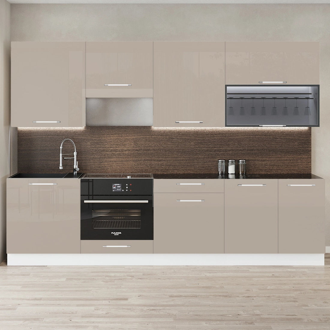 Cuisine complète haut et bas 260cm 8 meubles dont sous évier, façade laquée Beige, Poignées inox et pieds fournis