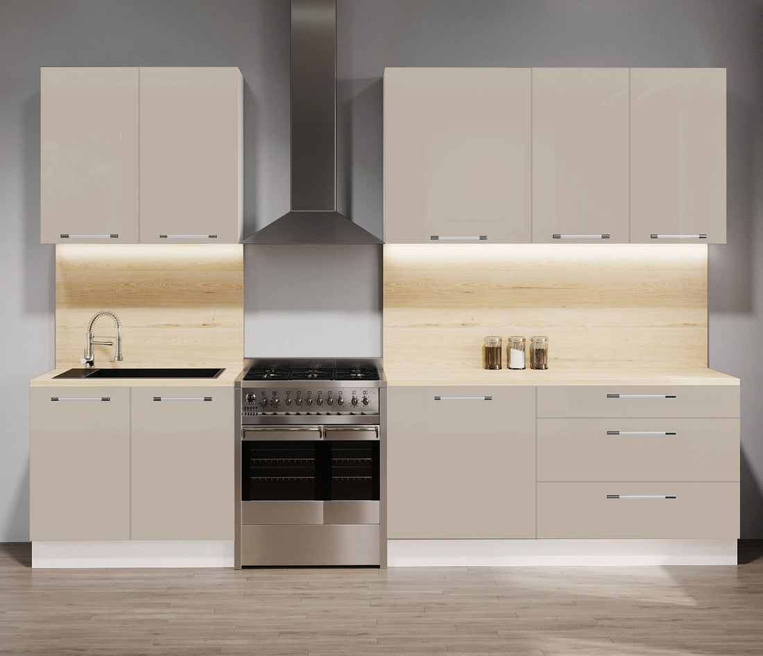Cuisine complète haut et bas 280cm 6 meubles dont sous évier, façade laquée Beige, Poignées inox et pieds fournis