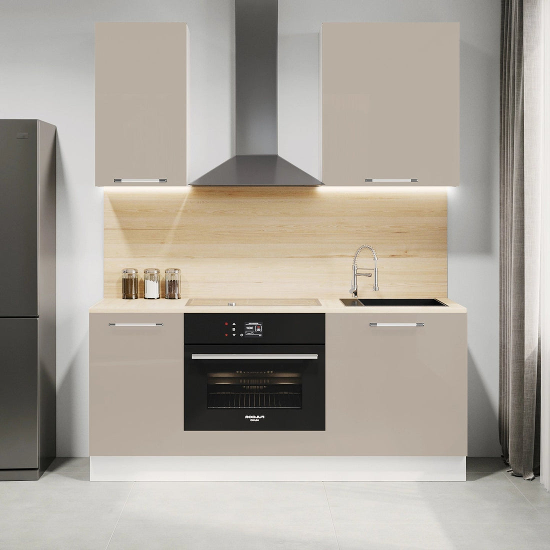 Cuisine complète haut et bas 160cm 5 meubles dont sous évier et bas four, façade laquée Beige, Poignées inox et pieds fournis