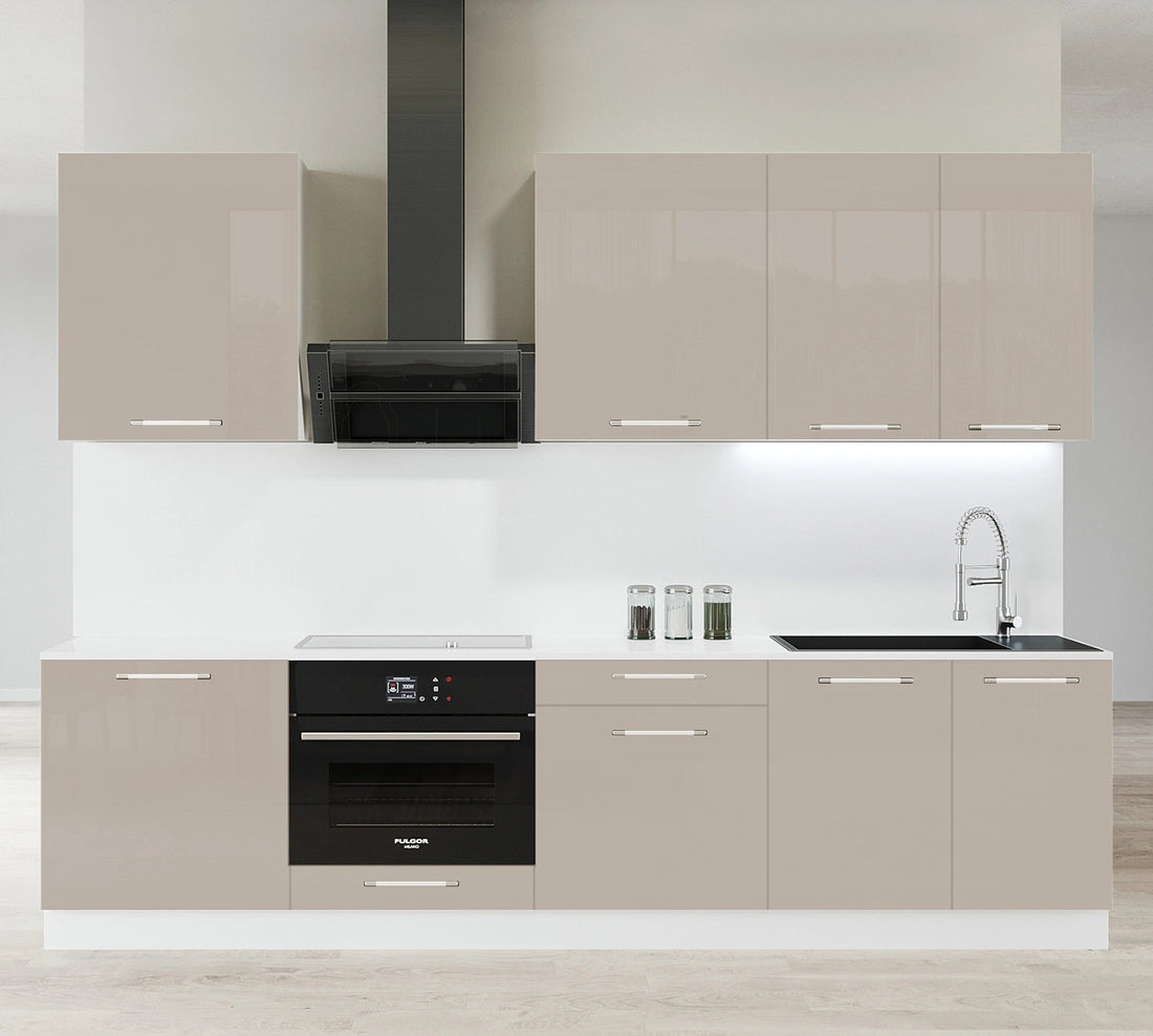 Cuisine complète haut et bas 260cm 7 meubles dont sous évier et bas four, façade laquée Beige, Poignées inox et pieds fournis