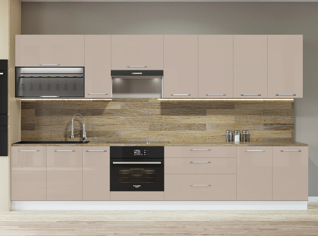 Cuisine complète haut et bas 330cm 10 meubles dont sous évier, bas four et sous hotte, façade laquée Beige, Poignées inox et pieds