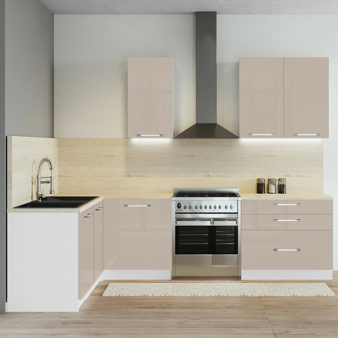 Cuisine complète d'angle 260cm 6 meubles, façade laquée Beige, Poignées inox et pieds fournis