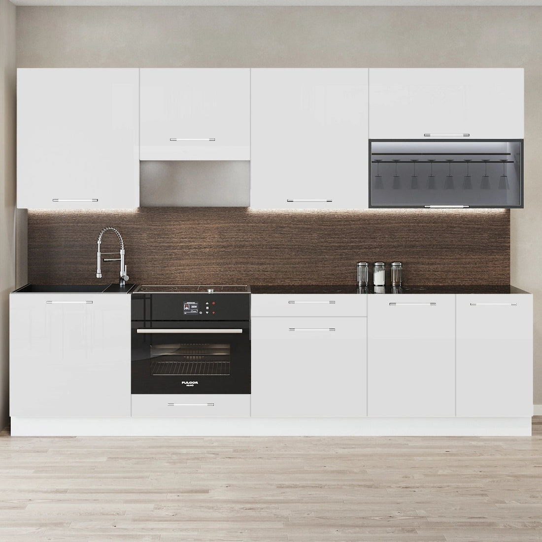 Cuisine complète haut et bas 260cm 8 meubles dont sous évier, façade laquée Blanc, Poignées inox et pieds fournis