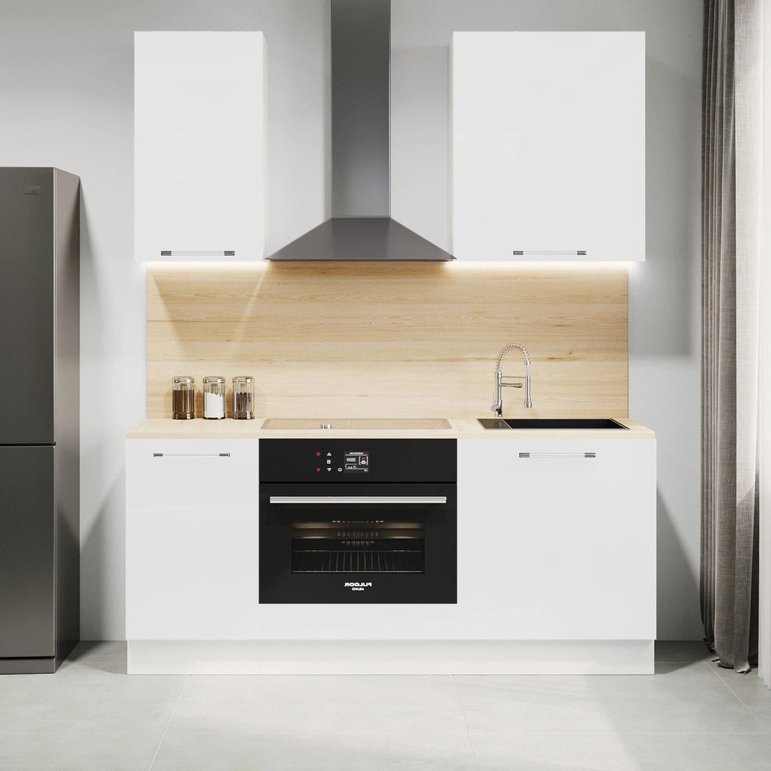 Cuisine complète haut et bas 160cm 5 meubles dont sous évier et bas four, façade laquée Blanche, Poignées inox et pieds fournis