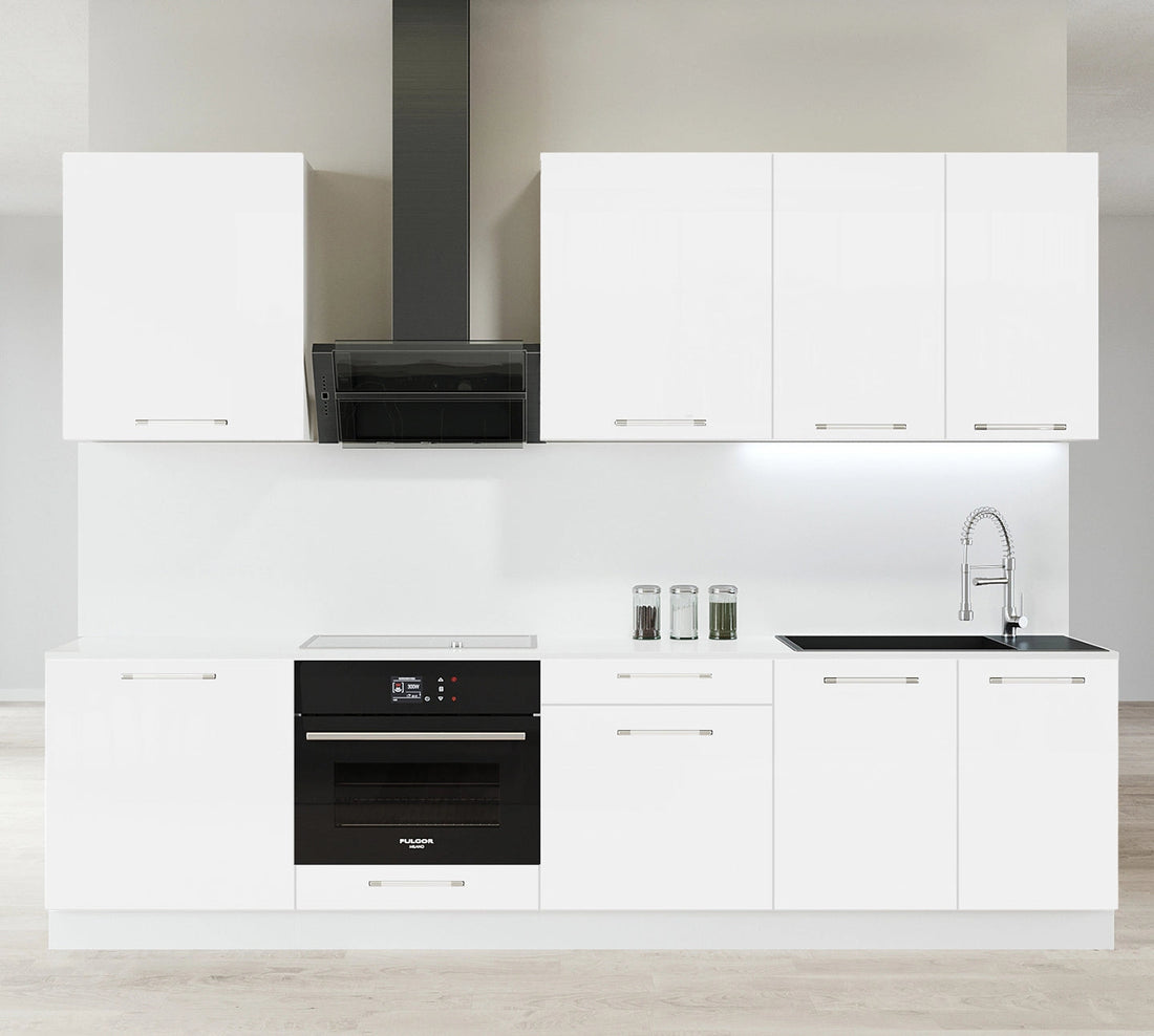 Cuisine complète haut et bas 260cm 7 meubles dont sous évier et bas four, façade laquée Blanche, Poignées inox et pieds fournis