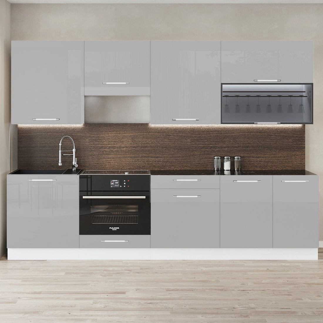 Cuisine complète haut et bas 260cm 8 meubles dont sous évier, façade laquée Grise, Poignées inox et pieds fournis