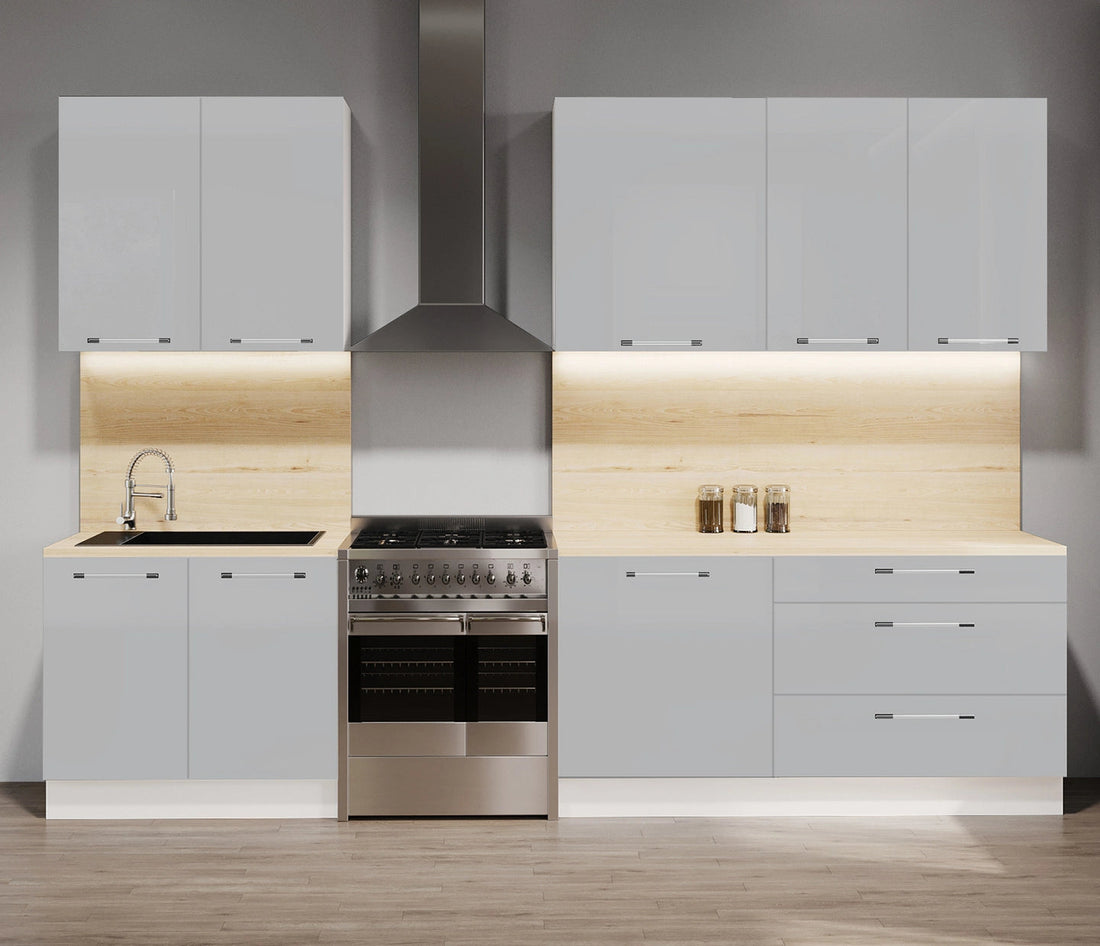 Cuisine complète haut et bas 280cm 6 meubles dont sous évier, façade laquée Grise, Poignées inox et pieds fournis