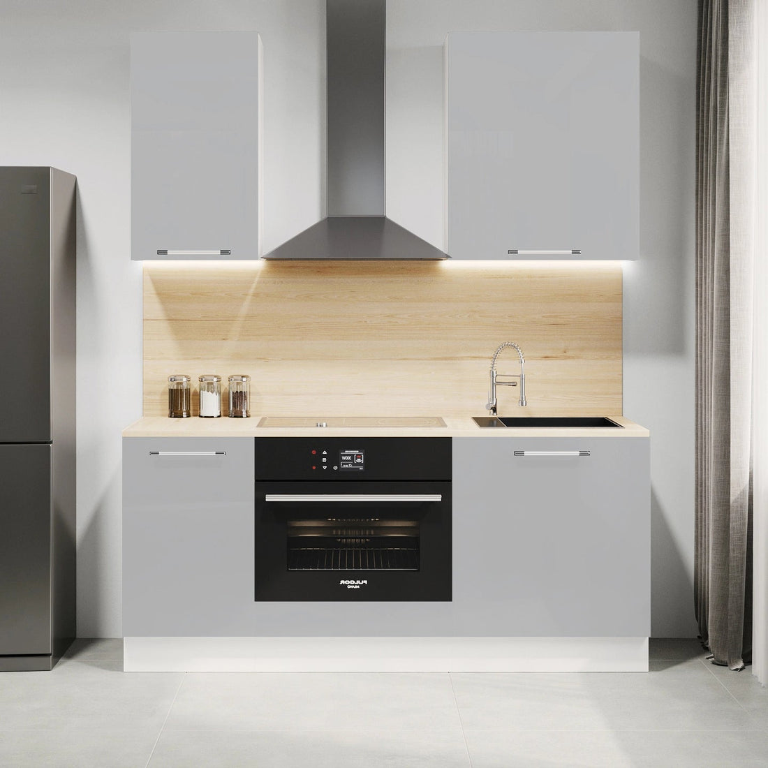 Cuisine complète haut et bas 160cm 5 meubles dont sous évier et bas four, façade laquée Gris, Poignées inox et pieds fournis