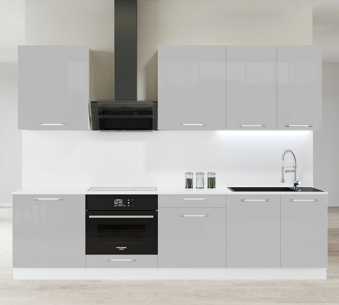 Cuisine complète haut et bas 260cm 7 meubles dont sous évier et bas four, façade laquée Grise, Poignées inox et pieds fournis