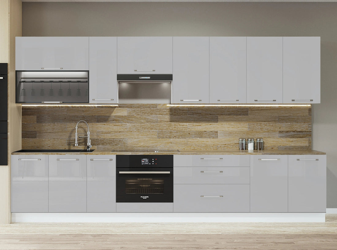Cuisine complète haut et bas 330cm 10 meubles dont sous évier, bas four et sous hotte, façade laquée Grise, Poignées inox et pieds