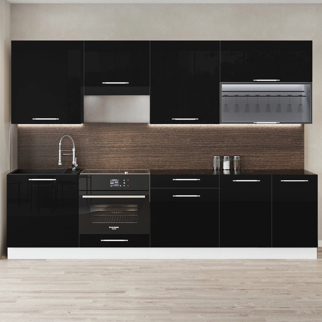 Cuisine complète haut et bas 260cm 8 meubles dont sous évier, façade laquée Noire, Poignées inox et pieds fournis