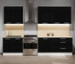Cuisine complète haut et bas 280cm 6 meubles dont sous évier, façade laquée Noire, Poignées inox et pieds fournis