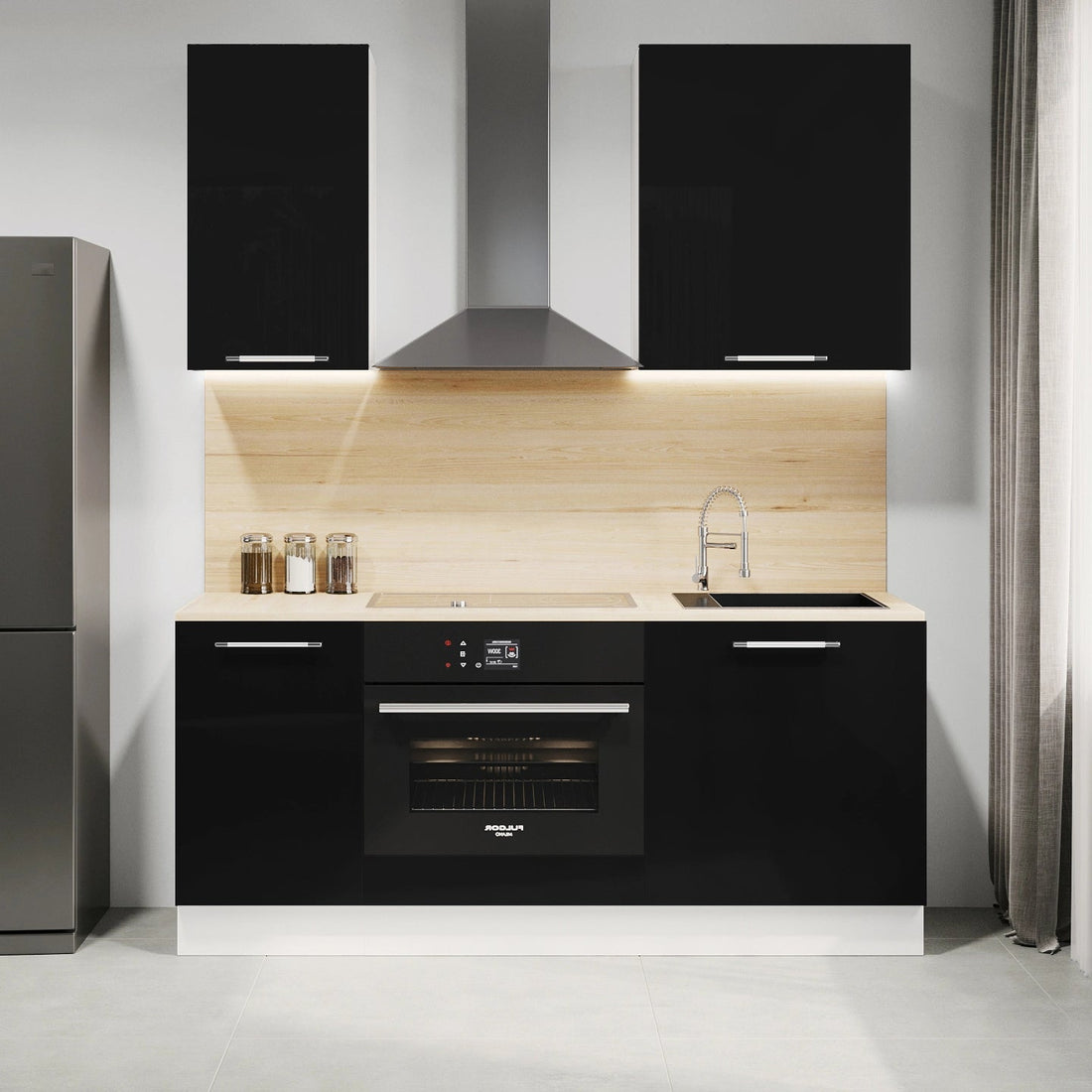 Cuisine complète haut et bas 160cm 5 meubles dont sous évier et bas four, façade laquée Noire, Poignées inox et pieds fournis