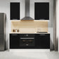 Cuisine complète haut et bas 160cm 5 meubles dont sous évier et bas four, façade laquée Noire, Poignées inox et pieds fournis
