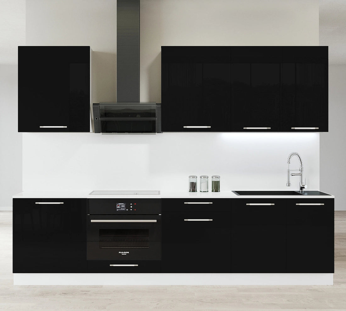 Cuisine complète haut et bas 260cm 7 meubles dont sous évier et bas four, façade laquée Noire, Poignées inox et pieds fournis