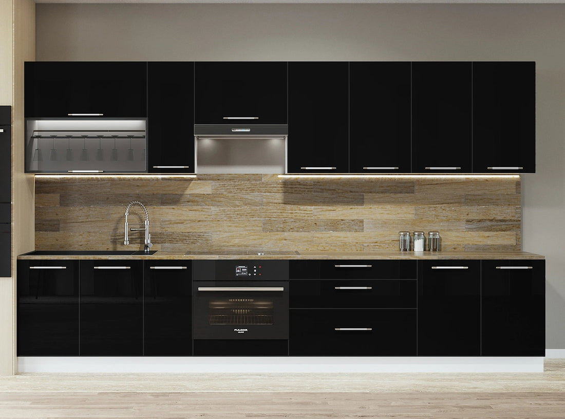 Cuisine complète haut et bas 330cm 10 meubles dont sous évier, bas four et sous hotte, façade laquée Noir, Poignées inox et pieds