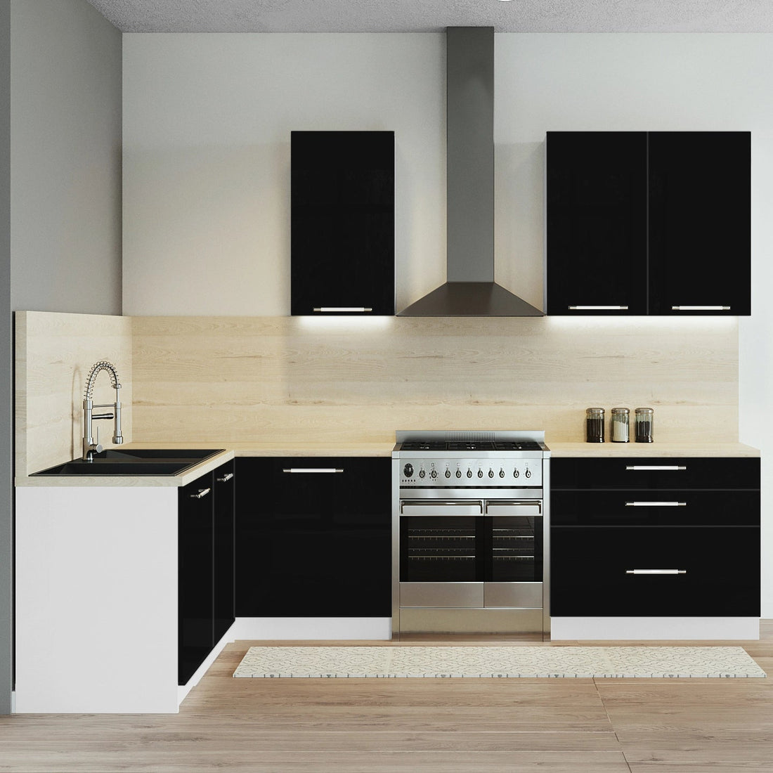 Cuisine complète d'angle 260cm 6 meubles, façade laquée Noire, Poignées inox et pieds fournis
