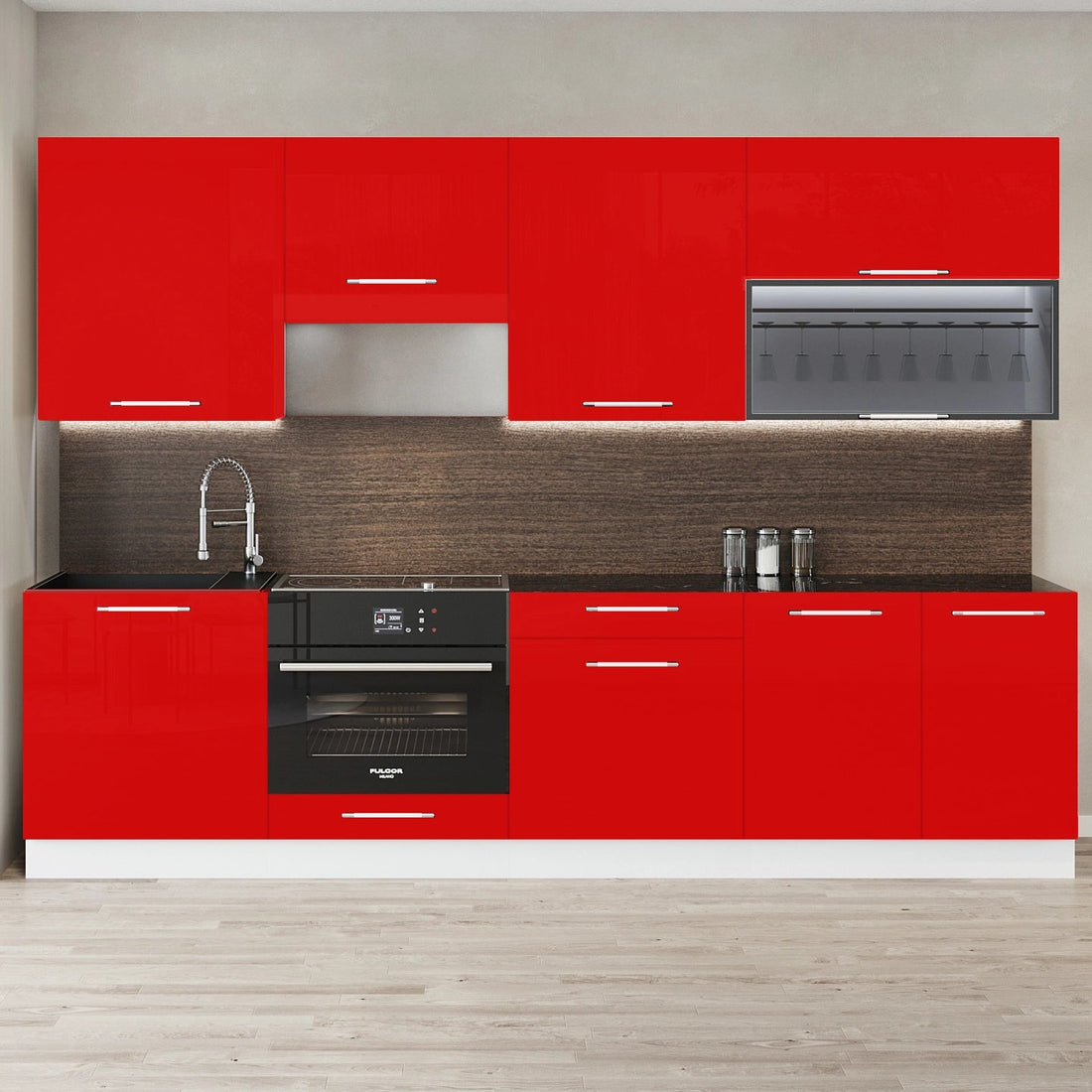 Cuisine complète haut et bas 260cm 8 meubles dont sous évier, façade laquée Rouge, Poignées inox et pieds fournis