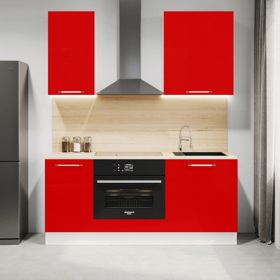 Cuisine complète haut et bas 160cm 5 meubles dont sous évier et bas four, façade laquée Rouge, Poignées inox et pieds fournis