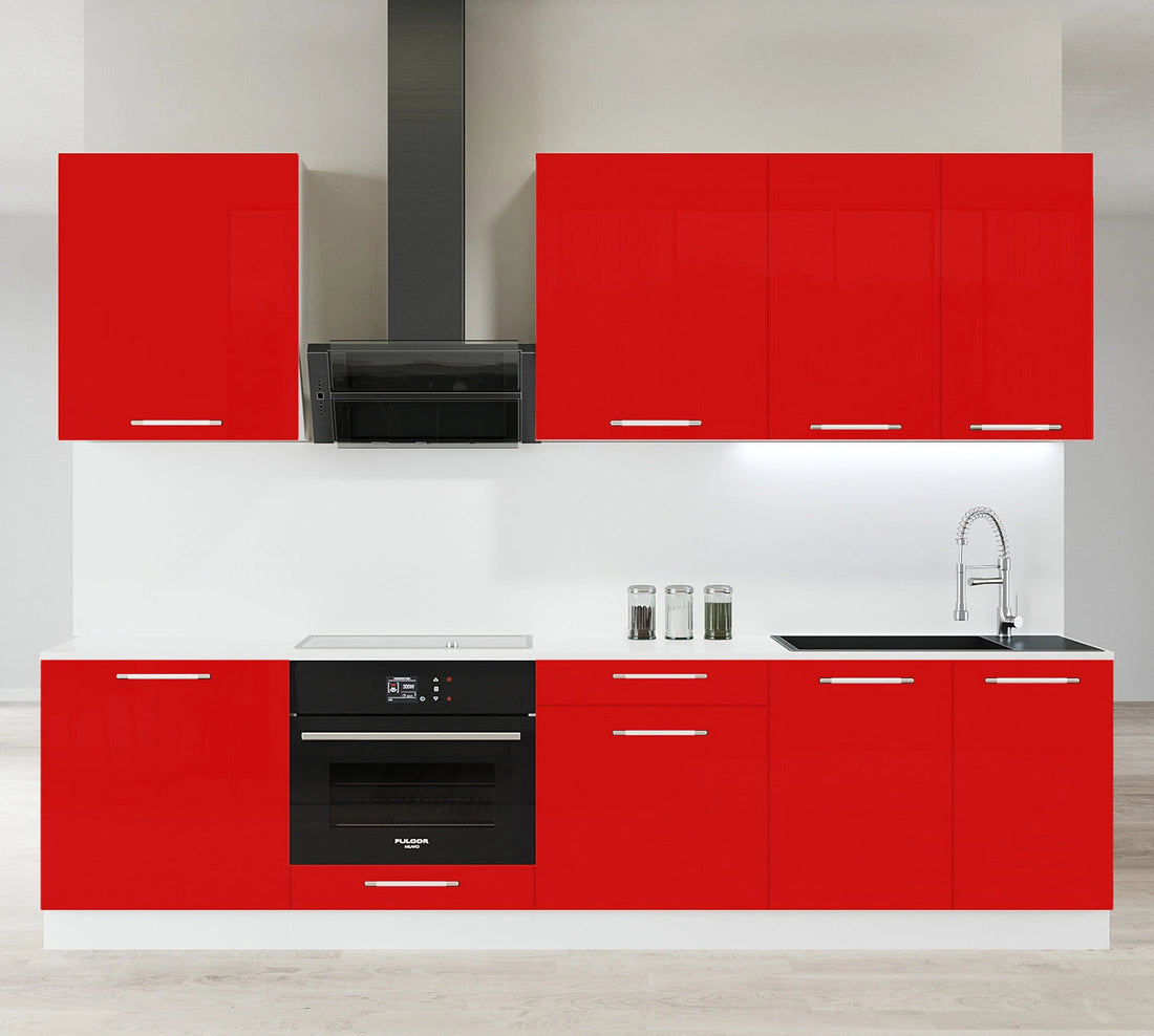 Cuisine complète haut et bas 260cm 7 meubles dont sous évier et bas four, façade laquée Rouge, Poignées inox et pieds fournis