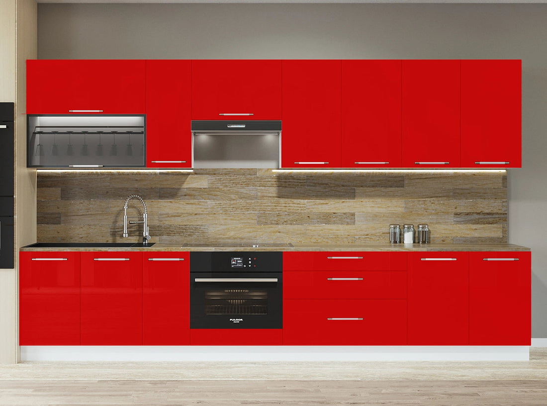 Cuisine complète haut et bas 330cm 10 meubles dont sous évier, bas four et sous hotte, façade laquée Rouge, Poignées inox et pieds