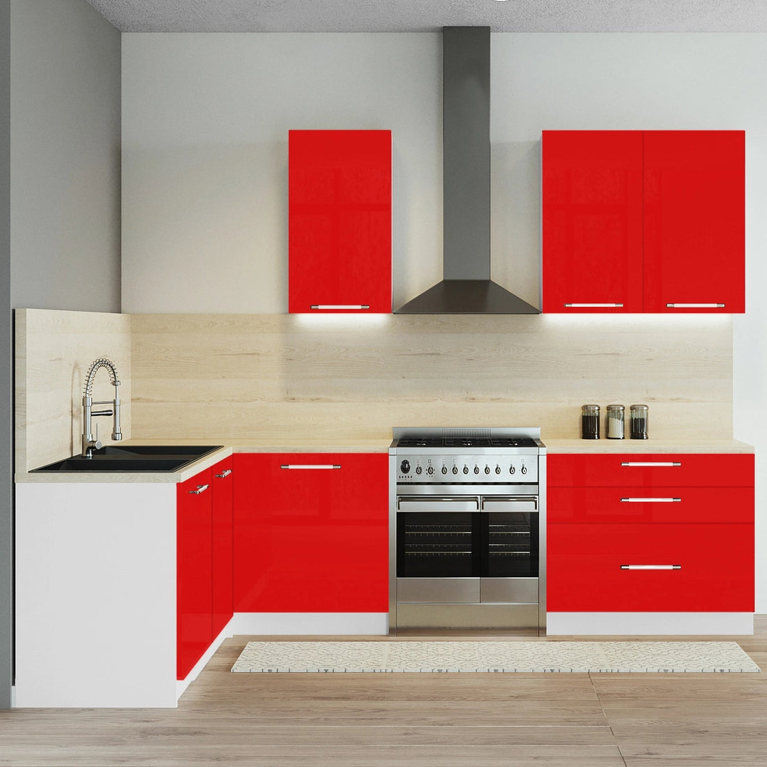 Cuisine complète d'angle 260cm 6 meubles, façade laquée Rouge, Poignées inox et pieds fournis